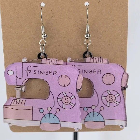 2D Acrylic Singer Sowing Machines Design Dangle Earrings Fashion Jewelry - Picture 4 of 4